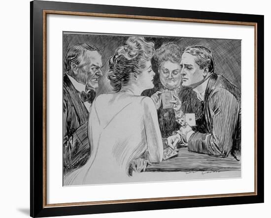 Young Man Has Trouble Concentrating on Bridge Game Because His Attention is on a Young Woman-Charles Dana Gibson-Framed Photographic Print