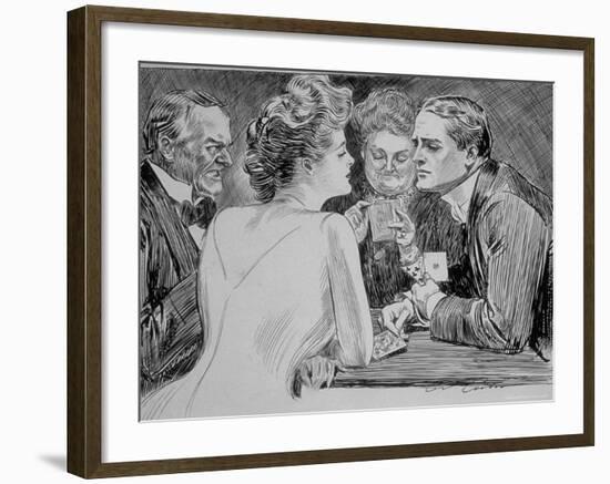 Young Man Has Trouble Concentrating on Bridge Game Because His Attention is on a Young Woman-Charles Dana Gibson-Framed Photographic Print