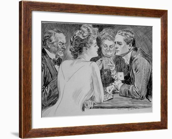 Young Man Has Trouble Concentrating on Bridge Game Because His Attention is on a Young Woman-Charles Dana Gibson-Framed Photographic Print