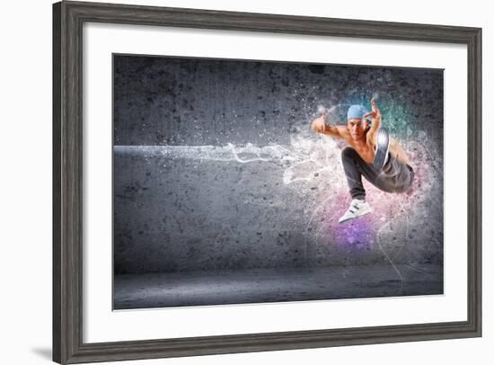 Young Man In A Blue Cap Dancing Hip Hop - Collage-Sergey Nivens-Framed Premium Giclee Print