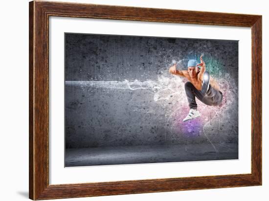 Young Man In A Blue Cap Dancing Hip Hop - Collage-Sergey Nivens-Framed Premium Giclee Print