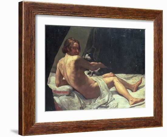 Young Man Lying on a Bed with a Cat, 1620-Giovanni Lanfranco-Framed Giclee Print