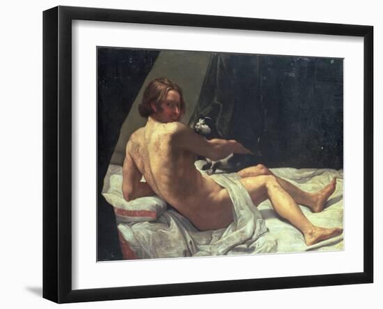 Young Man Lying on a Bed with a Cat, 1620-Giovanni Lanfranco-Framed Giclee Print