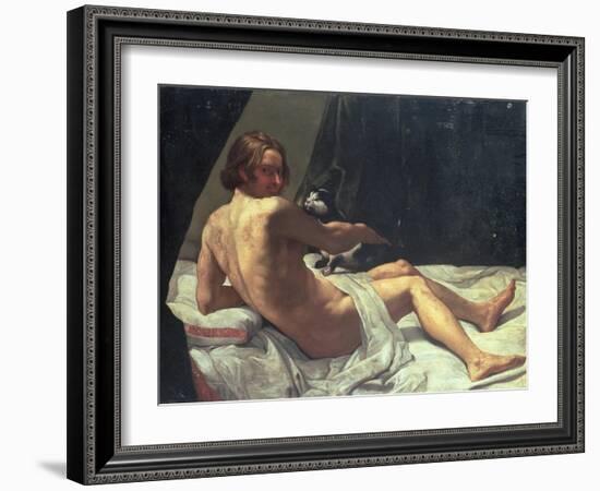 Young Man Lying on a Bed with a Cat, 1620-Giovanni Lanfranco-Framed Giclee Print