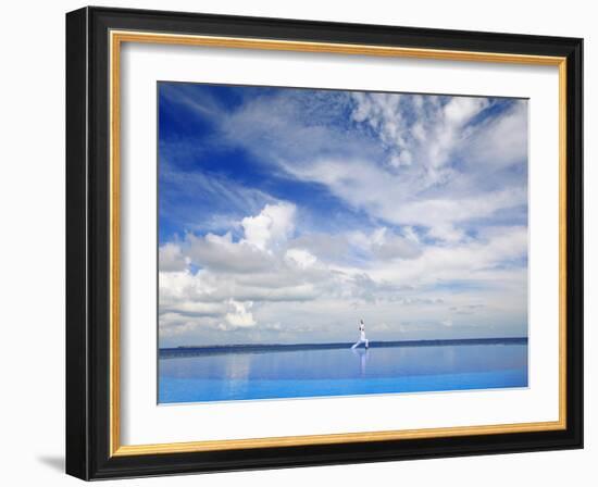 Young Man Meditating By Infinity Pool, Maldives, Indian Ocean, Asia-Sakis Papadopoulos-Framed Photographic Print