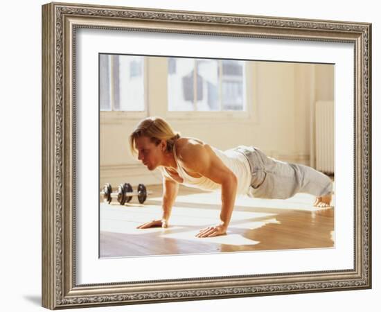 Young Man Preforming Push Up Exercise in Gym, New York, New York, USA-Chris Trotman-Framed Photographic Print