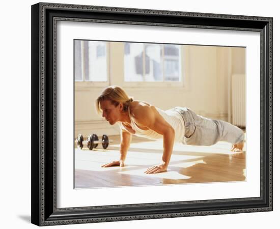 Young Man Preforming Push Up Exercise in Gym, New York, New York, USA-Chris Trotman-Framed Photographic Print