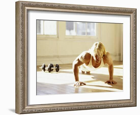 Young Man Preforming Push Up Exercise in Gym, New York, New York, USA-Chris Trotman-Framed Photographic Print