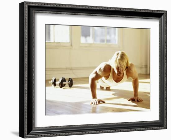 Young Man Preforming Push Up Exercise in Gym, New York, New York, USA-Chris Trotman-Framed Photographic Print