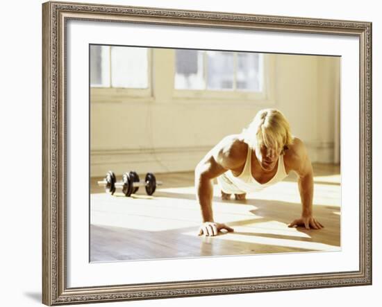 Young Man Preforming Push Up Exercise in Gym, New York, New York, USA-Chris Trotman-Framed Photographic Print