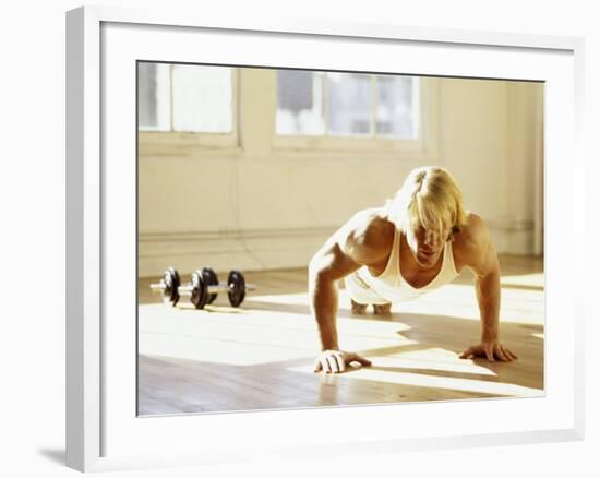 Young Man Preforming Push Up Exercise in Gym, New York, New York, USA-Chris Trotman-Framed Photographic Print