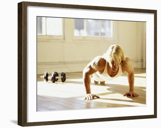 Young Man Preforming Push Up Exercise in Gym, New York, New York, USA-Chris Trotman-Framed Photographic Print