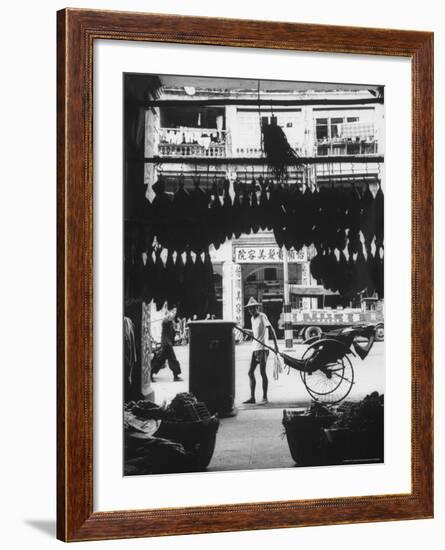 Young Man Standing in Front of a Herbs and Fish Market Displaying Racks of Fish-Howard Sochurek-Framed Photographic Print