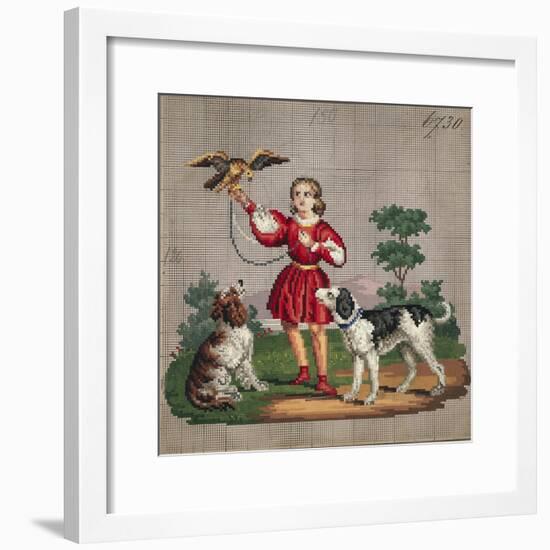 Young Man with Hawk and Dog Embroidery Design-null-Framed Giclee Print