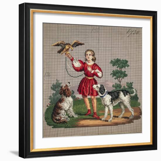 Young Man with Hawk and Dog Embroidery Design-null-Framed Giclee Print