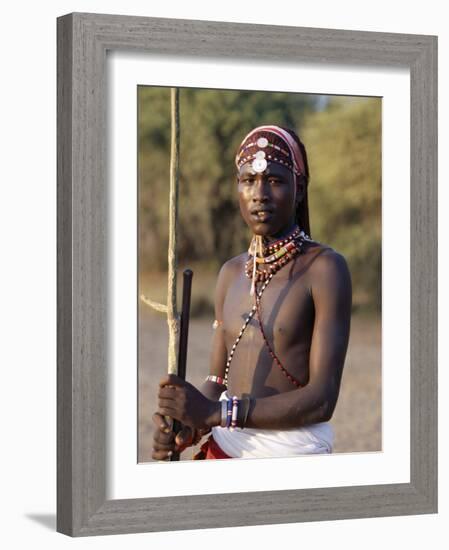 Young Masai Morani or Warrior with Henna-Ed Hair and Beadwork, Laikipia, Kenya, East Africa, Africa-Louise Murray-Framed Photographic Print