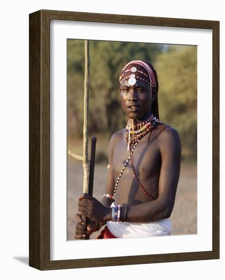 Young Masai Morani or Warrior with Henna-Ed Hair and Beadwork, Laikipia, Kenya, East Africa, Africa-Louise Murray-Framed Photographic Print