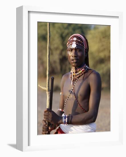 Young Masai Morani or Warrior with Henna-Ed Hair and Beadwork, Laikipia, Kenya, East Africa, Africa-Louise Murray-Framed Photographic Print