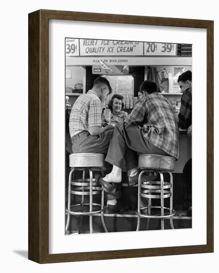 Young Men in Plaid Shirts Drinking Ice Cream Sodas at Soda Fountain-Nina Leen-Framed Photographic Print