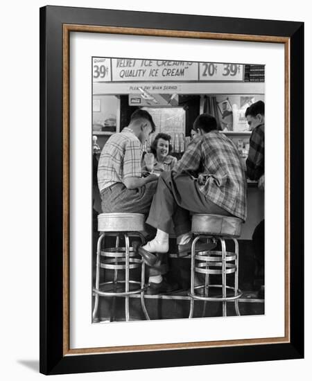Young Men in Plaid Shirts Drinking Ice Cream Sodas at Soda Fountain-Nina Leen-Framed Photographic Print