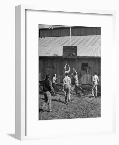 Young Men Playing Basketball with a Homemade Basket in a Farmyard-null-Framed Photographic Print