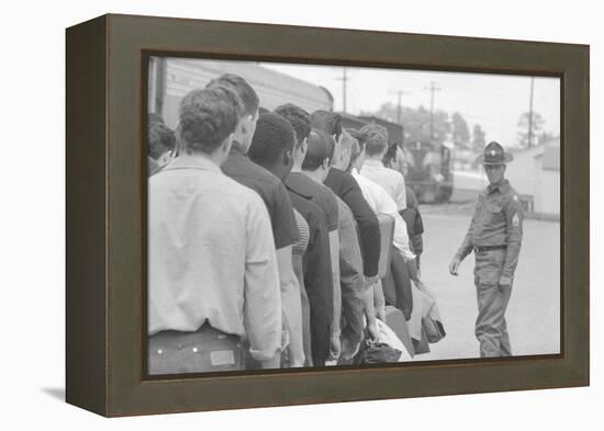 Young men who have been drafted wait in line to be processed into the US Army at Fort Jackson, SC-Warren K. Leffler-Framed Premier Image Canvas