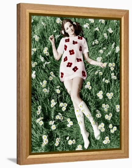 Young Model Biddy Lampard in the Grass Wearing a Short Dress (With Daisies) Inspired by Courreges-null-Framed Stretched Canvas