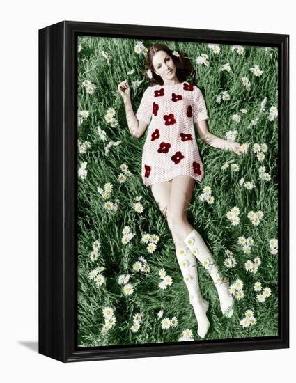 Young Model Biddy Lampard in the Grass Wearing a Short Dress (With Daisies) Inspired by Courreges-null-Framed Stretched Canvas