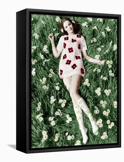 Young Model Biddy Lampard in the Grass Wearing a Short Dress (With Daisies) Inspired by Courreges-null-Framed Stretched Canvas