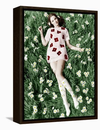 Young Model Biddy Lampard in the Grass Wearing a Short Dress (With Daisies) Inspired by Courreges-null-Framed Stretched Canvas