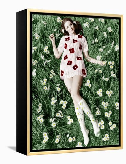 Young Model Biddy Lampard in the Grass Wearing a Short Dress (With Daisies) Inspired by Courreges-null-Framed Stretched Canvas