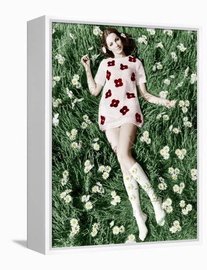 Young Model Biddy Lampard in the Grass Wearing a Short Dress (With Daisies) Inspired by Courreges-null-Framed Stretched Canvas