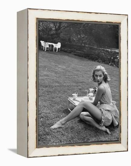 Young Model Wearing a Short, Striped Nightgown with Bottoms Attached Underneath-Nina Leen-Framed Premier Image Canvas