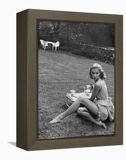 Young Model Wearing a Short, Striped Nightgown with Bottoms Attached Underneath-Nina Leen-Framed Premier Image Canvas