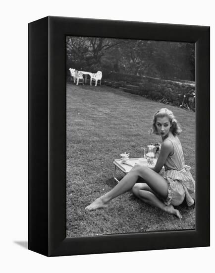 Young Model Wearing a Short, Striped Nightgown with Bottoms Attached Underneath-Nina Leen-Framed Premier Image Canvas