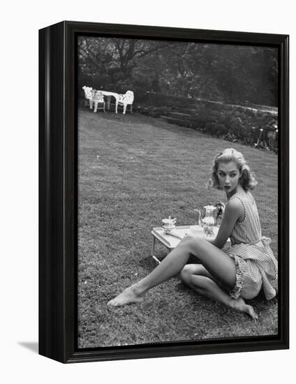 Young Model Wearing a Short, Striped Nightgown with Bottoms Attached Underneath-Nina Leen-Framed Premier Image Canvas