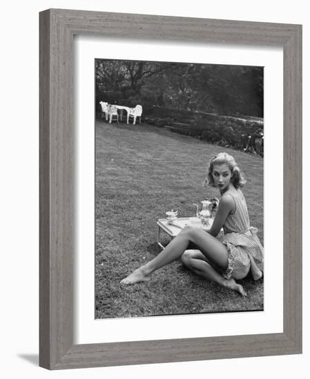 Young Model Wearing a Short, Striped Nightgown with Bottoms Attached Underneath-Nina Leen-Framed Photographic Print