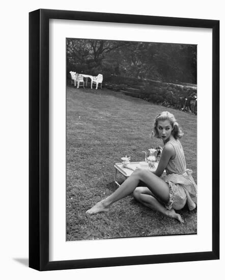 Young Model Wearing a Short, Striped Nightgown with Bottoms Attached Underneath-Nina Leen-Framed Photographic Print