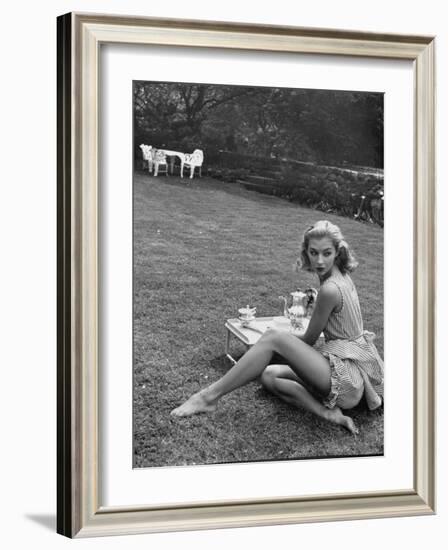 Young Model Wearing a Short, Striped Nightgown with Bottoms Attached Underneath-Nina Leen-Framed Photographic Print