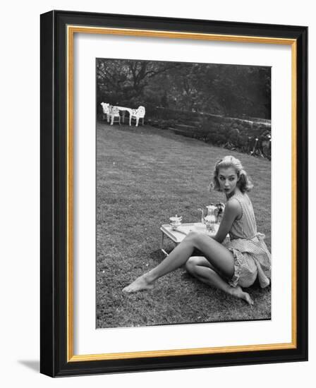 Young Model Wearing a Short, Striped Nightgown with Bottoms Attached Underneath-Nina Leen-Framed Photographic Print