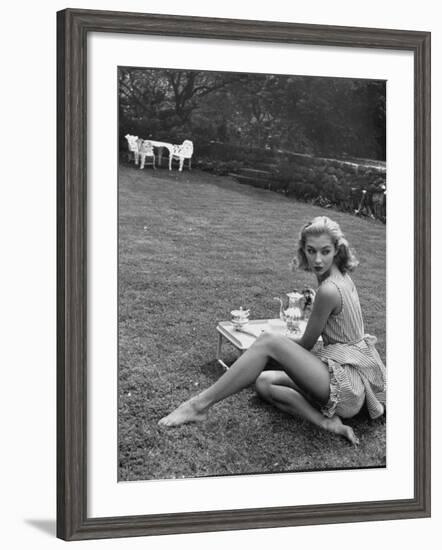 Young Model Wearing a Short, Striped Nightgown with Bottoms Attached Underneath-Nina Leen-Framed Photographic Print