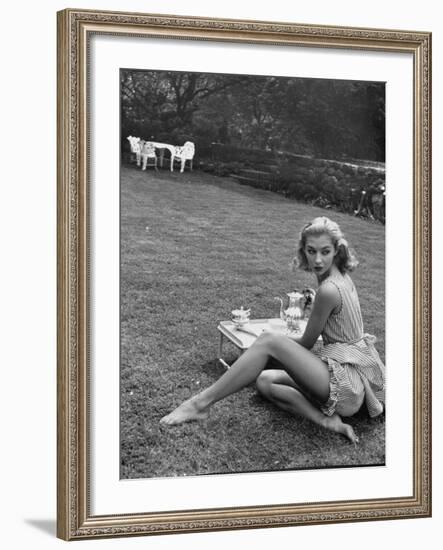 Young Model Wearing a Short, Striped Nightgown with Bottoms Attached Underneath-Nina Leen-Framed Photographic Print