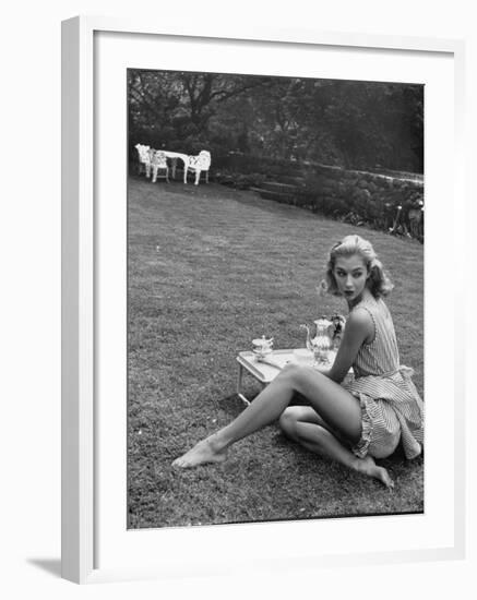 Young Model Wearing a Short, Striped Nightgown with Bottoms Attached Underneath-Nina Leen-Framed Photographic Print