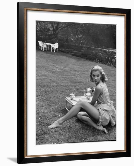 Young Model Wearing a Short, Striped Nightgown with Bottoms Attached Underneath-Nina Leen-Framed Photographic Print