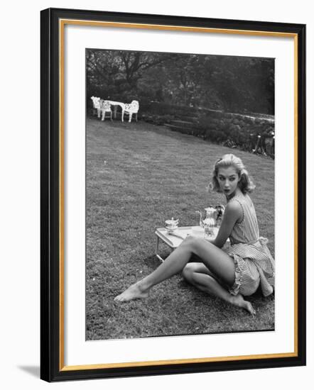 Young Model Wearing a Short, Striped Nightgown with Bottoms Attached Underneath-Nina Leen-Framed Photographic Print