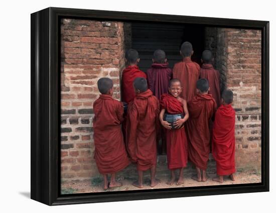 Young Monks in Red Robes with Alms Woks, Myanmar-Keren Su-Framed Premier Image Canvas