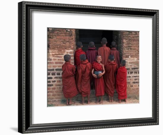 Young Monks in Red Robes with Alms Woks, Myanmar-Keren Su-Framed Photographic Print