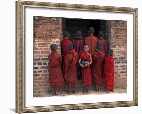 Young Monks in Red Robes with Alms Woks, Myanmar-Keren Su-Framed Photographic Print