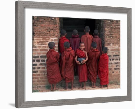 Young Monks in Red Robes with Alms Woks, Myanmar-Keren Su-Framed Photographic Print