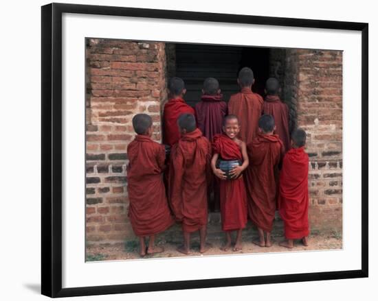 Young Monks in Red Robes with Alms Woks, Myanmar-Keren Su-Framed Photographic Print